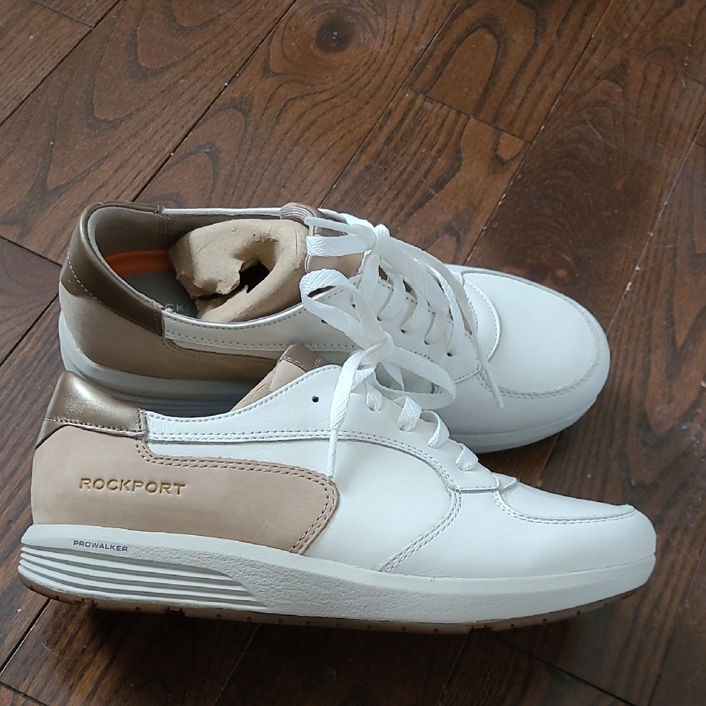 New Rockport Trustride Pro Walker White and Brown Leather Sneakers Women Size 6